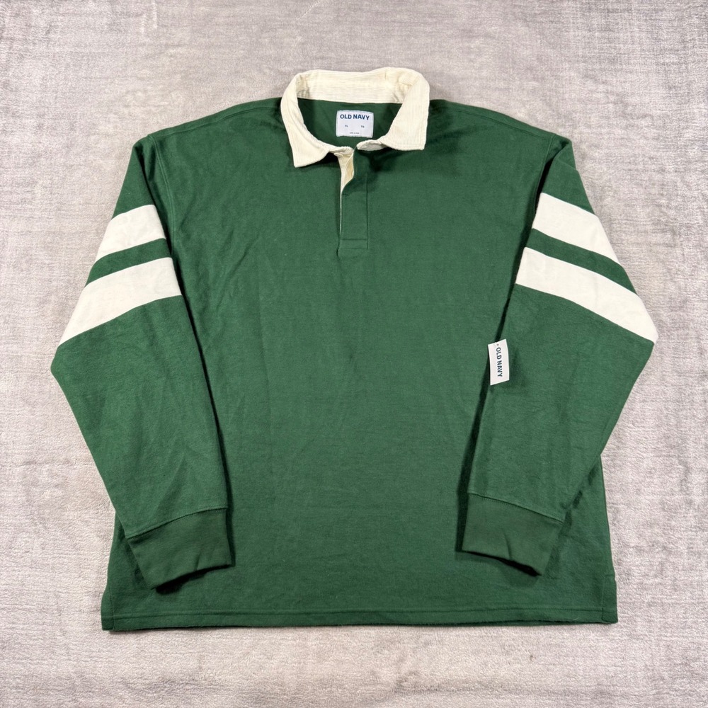 Old Navy Shirt Women XL Green Plush Rugby Corduroy Collar Striped Long Sleeve
